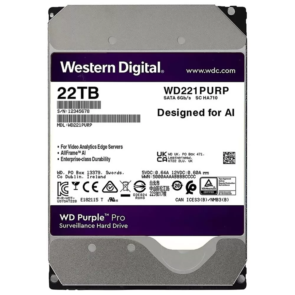 HD Western Digital 22TB WD Purple Pro 3.5 SATA 3 7200RPM - WD221PURP